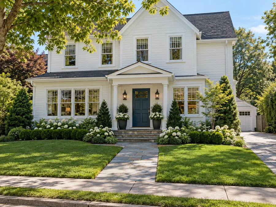Illustrative AI concept: white clapboard house with low evergreens and white flowers guide the eye toward the blue front door. Repetition across the foundation balances the tall facade without crowding the windows or walkway.