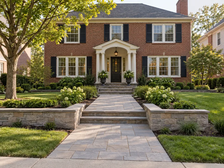 Illustrative AI concept: brick traditional house with large warm-gray pavers form a generous approach between low stone edges. Broad landing areas make the entrance feel welcoming while repeated materials connect the steps and walkway.
