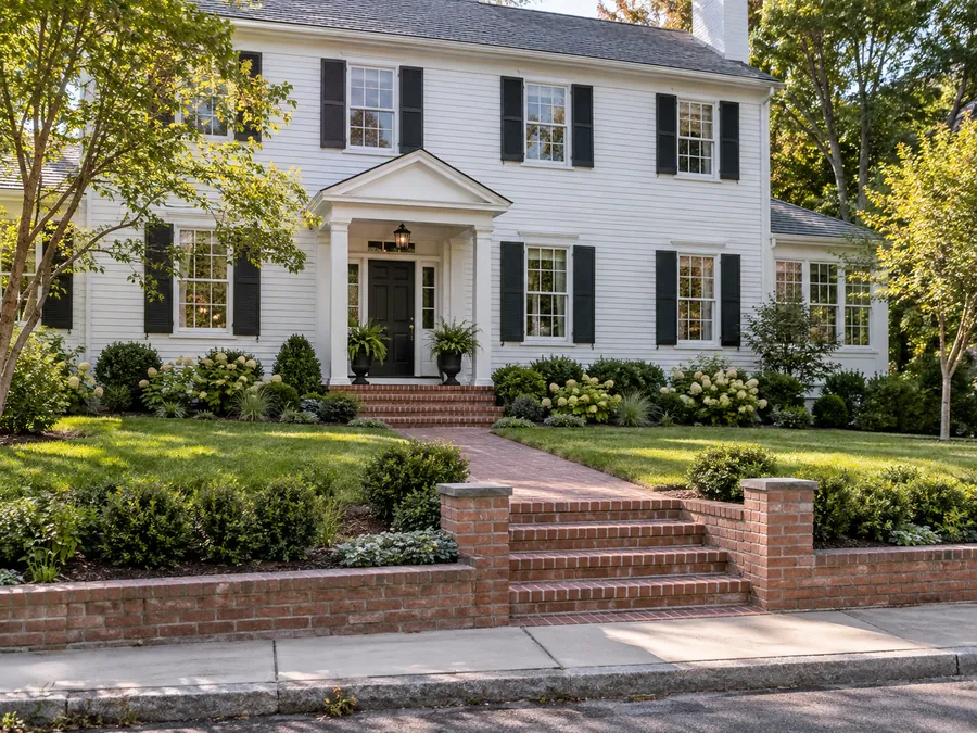 Illustrative AI concept: white colonial house with brick steps and matching low edges create a clear transition across a gentle rise. The warm masonry complements the white facade and gives the path a defined boundary.