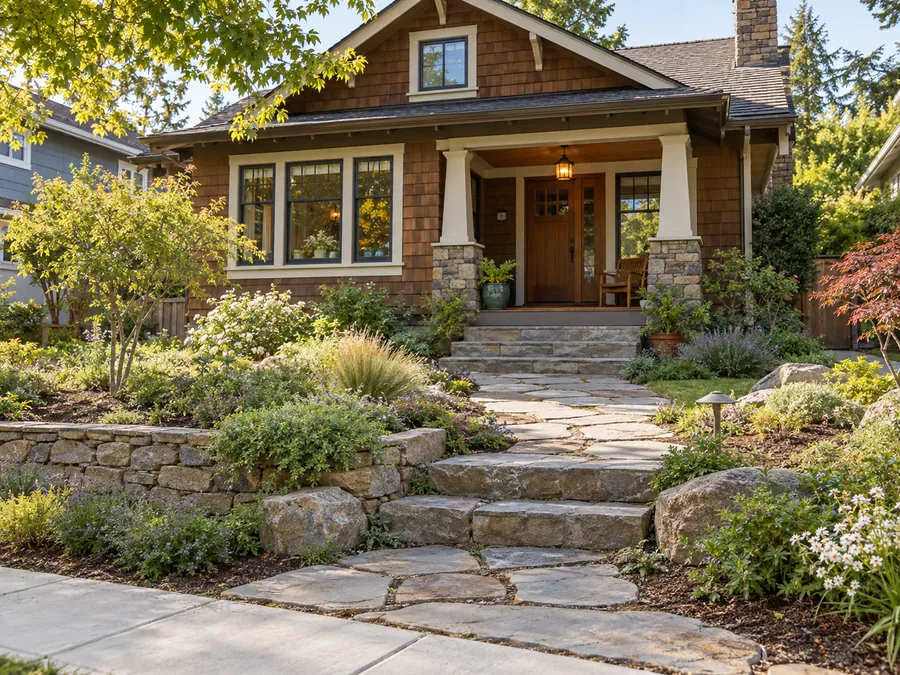 Illustrative AI concept: cedar craftsman house with irregular flagstones and broad stone steps suit the timber-and-stone porch. Small planted pockets soften the edges while substantial paving keeps the route visually clear through the garden.