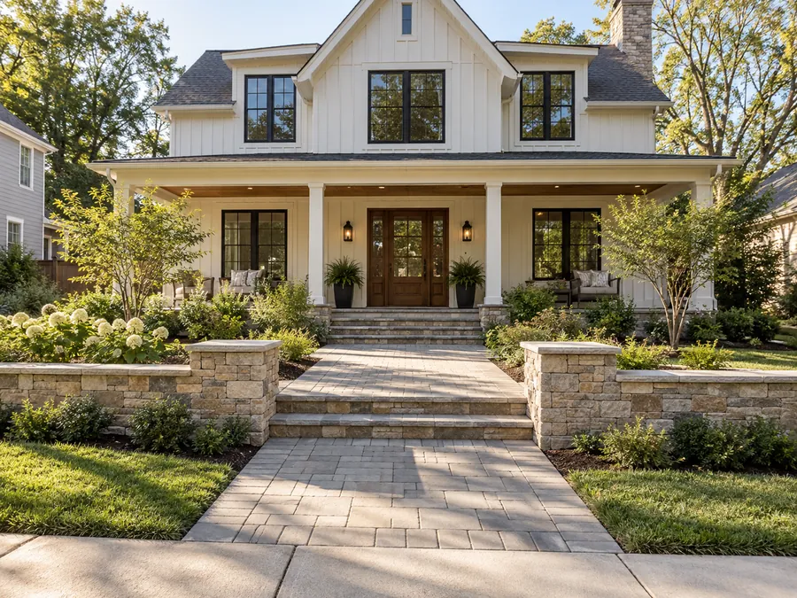 Illustrative AI concept: cream farmhouse house with short stone walls frame the approach without hiding the farmhouse porch. Their pale finish connects the entry to the garden, while open space around the walk preserves visibility.