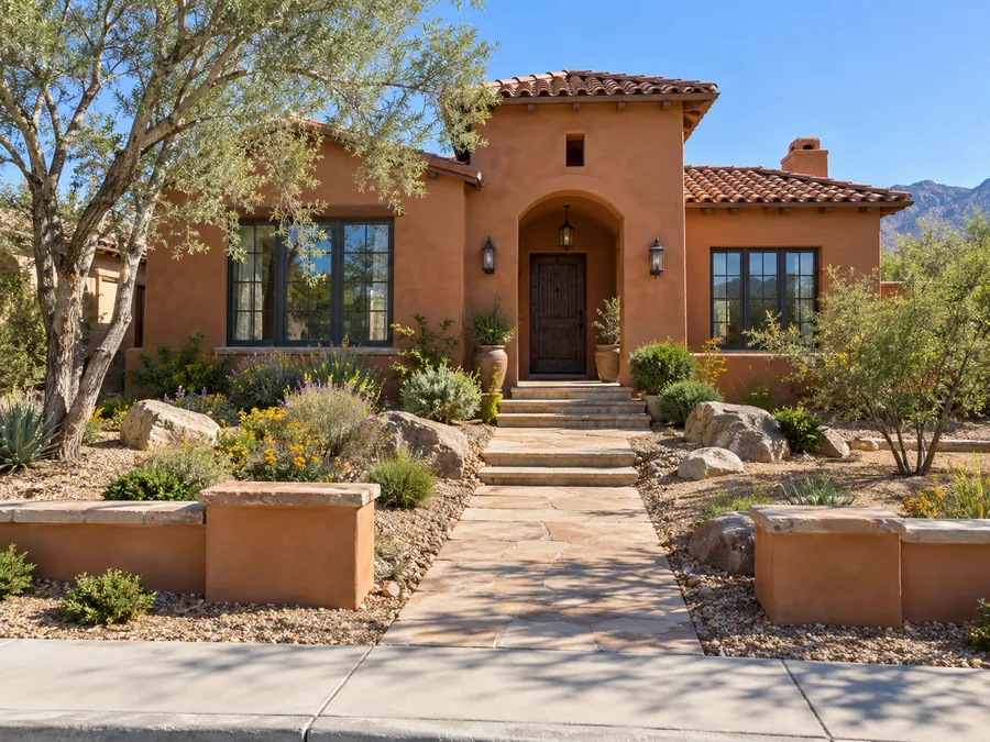 Illustrative AI concept: terracotta Southwest house with natural boulders, warm gravel and sandstone paving complement the terracotta facade. The larger stones anchor the edges while an open central route leads directly to the door.