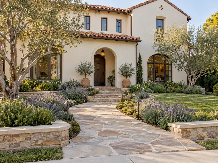 Illustrative AI concept: pale stucco Mediterranean house with a gently curved flagstone walk passes between low stone edges and lavender beds. Warm paving echoes the stucco house, making the approach feel continuous with the facade.