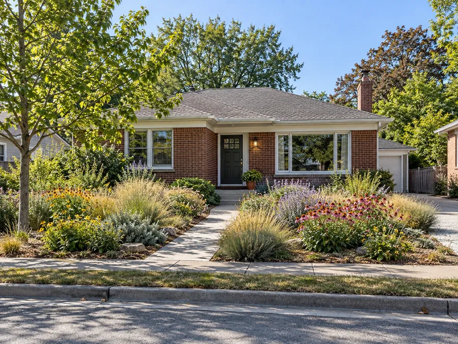 Illustrative AI concept: modest brick ranch with grasses and flowering perennials fill the former lawn in loose drifts. Repeated colors and a clean sidewalk edge give the planting structure while keeping the path visible.