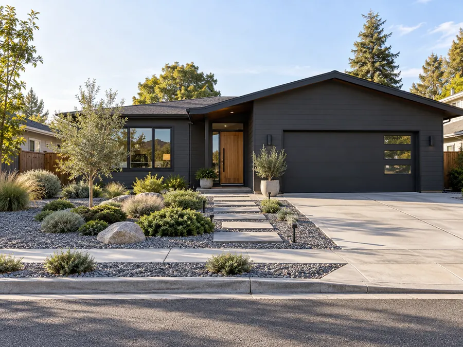 Illustrative AI concept: dark siding contemporary house with gray gravel, rounded evergreens and stepping stones create a composed entrance against dark siding. Varied plant heights add texture while open gaps keep the garden from feeling crowded.