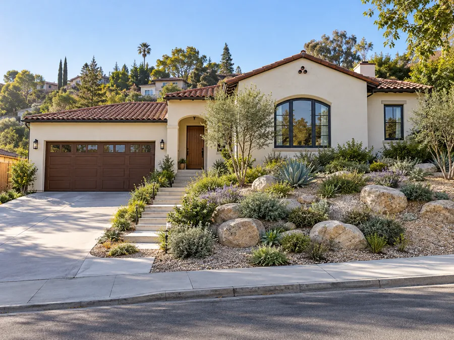 Illustrative AI concept: stucco hillside house with natural boulders and low drought-tolerant planting follow the grade beside the steps. Repeated gravel surfaces link the beds, avoiding a collection of disconnected patches on the hillside.