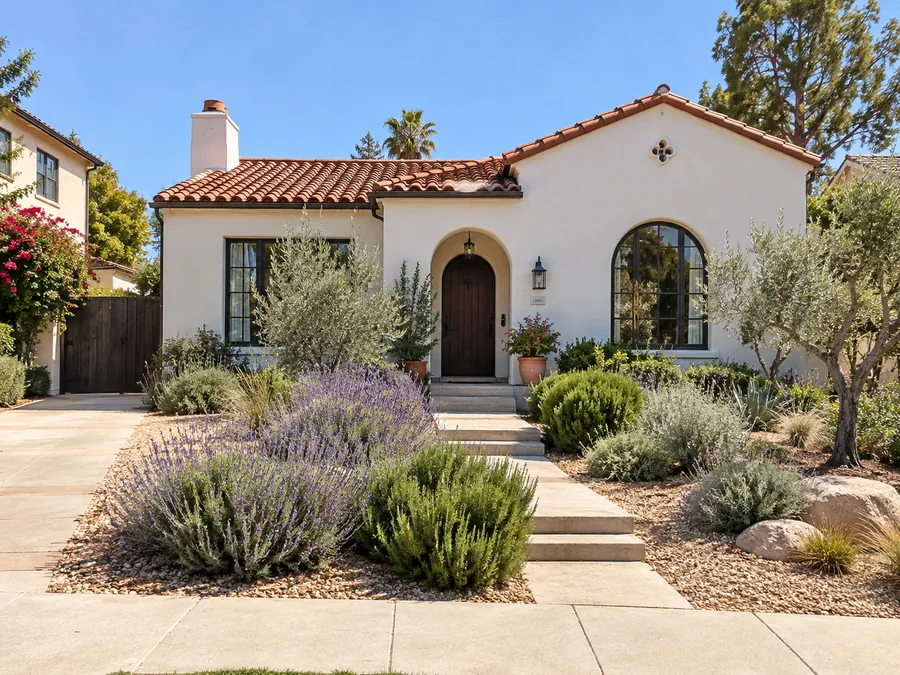 Illustrative AI concept: Spanish revival house with lavender, rosemary and warm gravel echo the stucco walls and terracotta roof. Loose planting groups leave room around the existing approach and suit a sunny, dry garden.