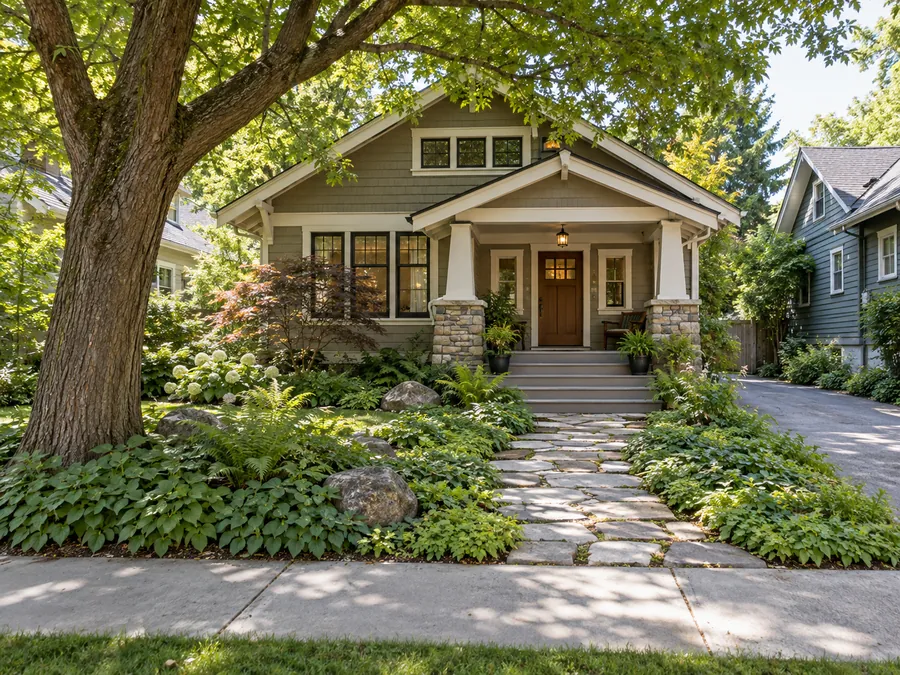 Illustrative AI concept: wood-sided craftsman house with layered green groundcover replaces lawn beneath a mature tree, with a stone path leading through. Varied leaf textures create interest where a flower-heavy border would struggle.