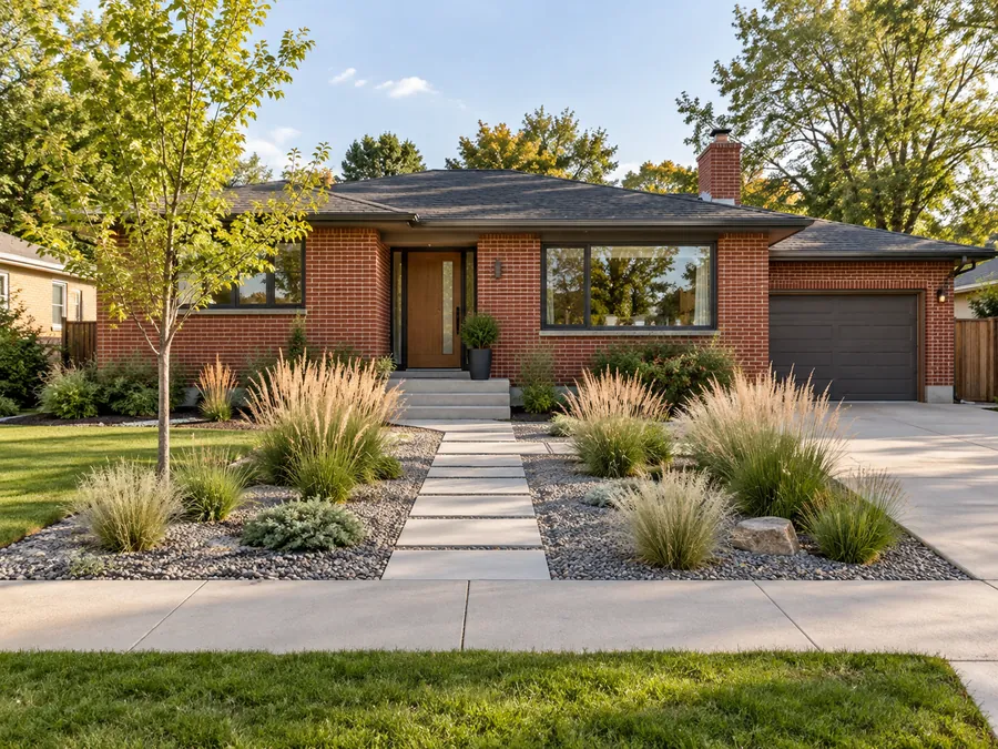 Illustrative AI concept: red brick ranch with rectangular gravel beds, concrete pavers and upright grasses echo the long brick facade. Repeating a few plants keeps the approach orderly without hiding the windows.