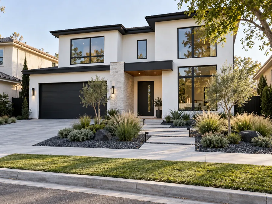 Illustrative AI concept: white stucco contemporary house with charcoal gravel and soft grass mounds balance crisp white stucco and black windows. Low planting keeps the entry visible and gives the angular facade breathing room.