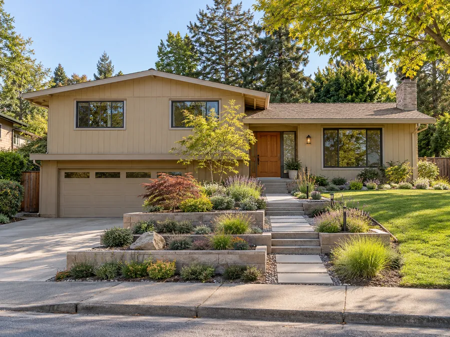 Illustrative AI concept: 1970s split-level house with tiered stone beds step with the sloping approach while broad pavers mark the route uphill. Low plants soften the edges without obscuring the split-level entrance.