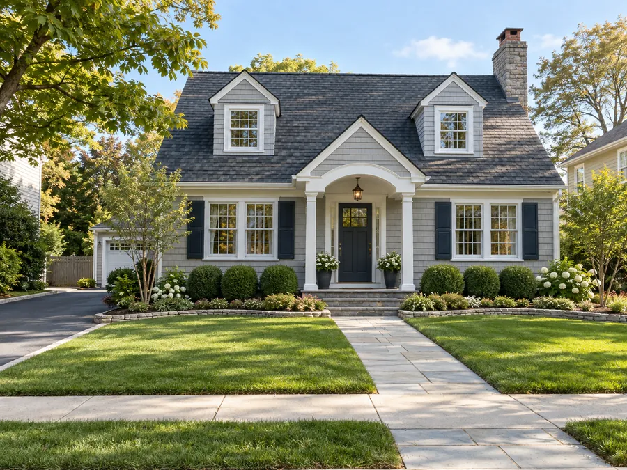 Illustrative AI concept: gray Cape Cod house with rounded evergreens and a pale stone border bring quiet structure beneath the windows. The restrained planting leaves the lawn open and suits a symmetrical Cape Cod facade.