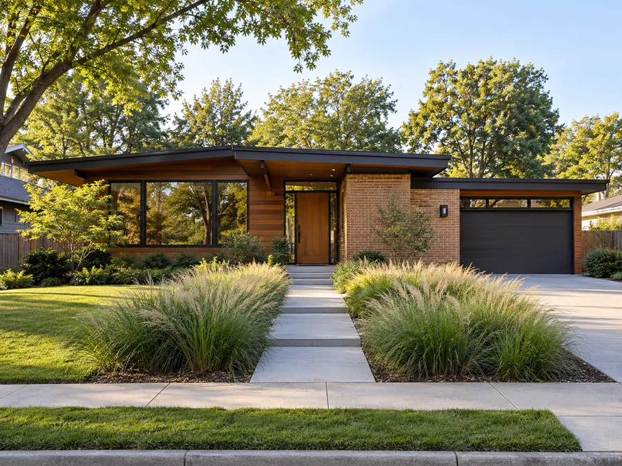 Illustrative AI concept: midcentury wood-and-brick house with long drifts of ornamental grass underline the horizontal roof and timber facade. Their soft texture contrasts with the straight concrete approach while leaving the entry easy to read.