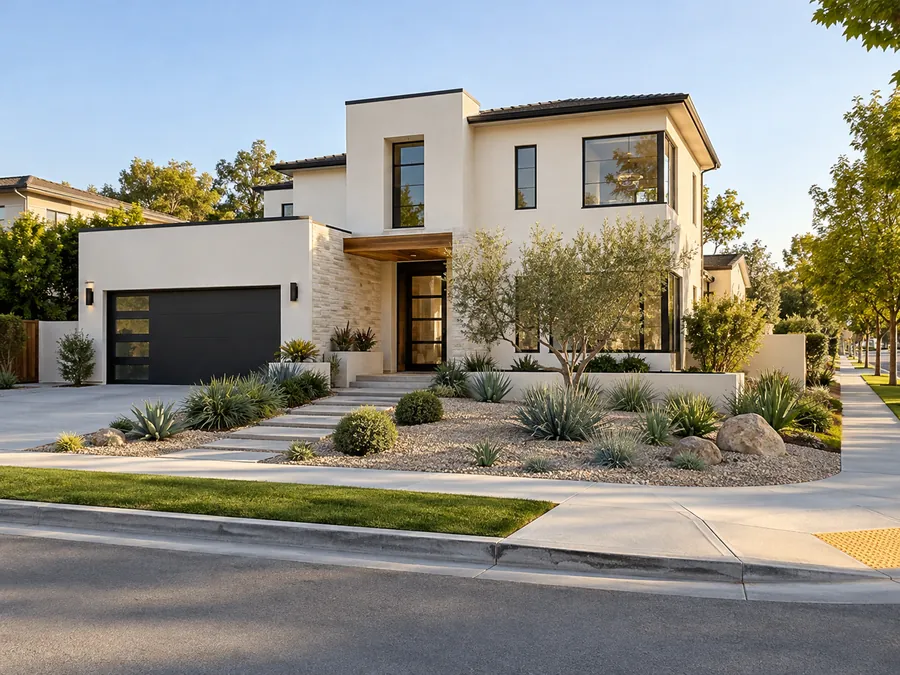 Illustrative AI concept: contemporary corner-lot house with low evergreen mounds and gravel wrap around the corner without crowding either street view. Open spacing helps the angular house remain the focal point from both approaches.