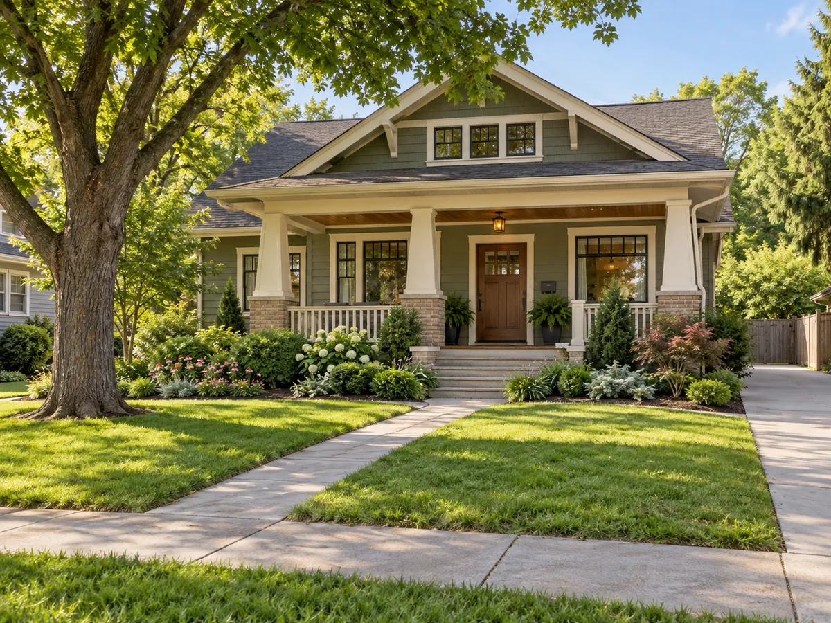 Illustrative AI concept: front yard with clear walk, low planting and visible house facade
