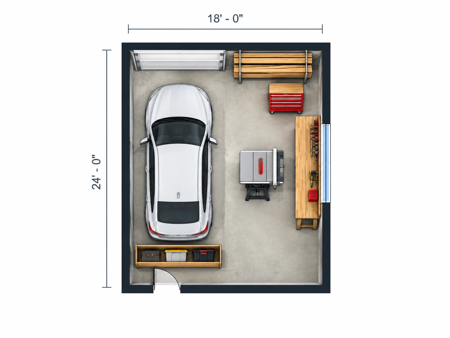 18×24 ft detached garage: one parking bay plus a woodworking shop — After