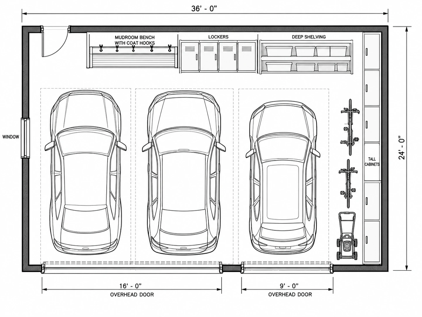 36×24 ft three-car garage with a mudroom drop zone and shelving — After