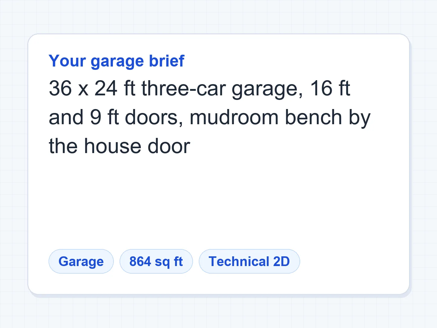 36×24 ft three-car garage with a mudroom drop zone and shelving — Before
