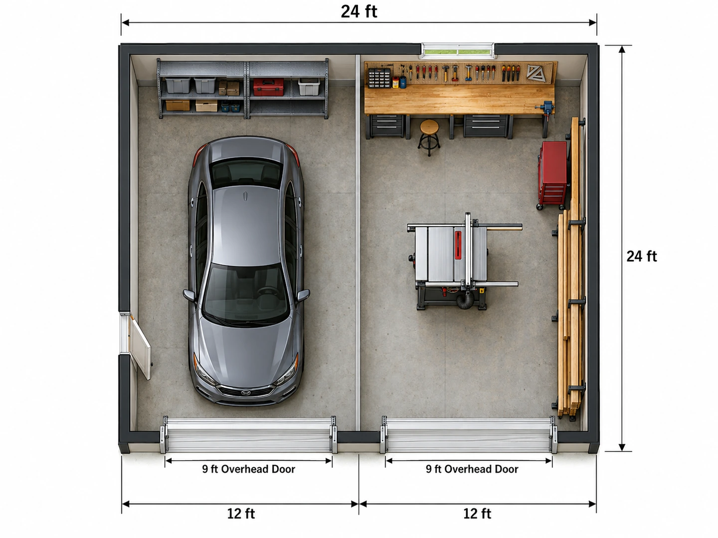 Garage workshop floor plan with one parking bay and a woodworking shop in the second bay