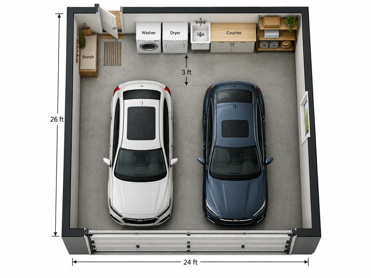 Two-car garage floor plan with a laundry wall and a mudroom bench by the house door
