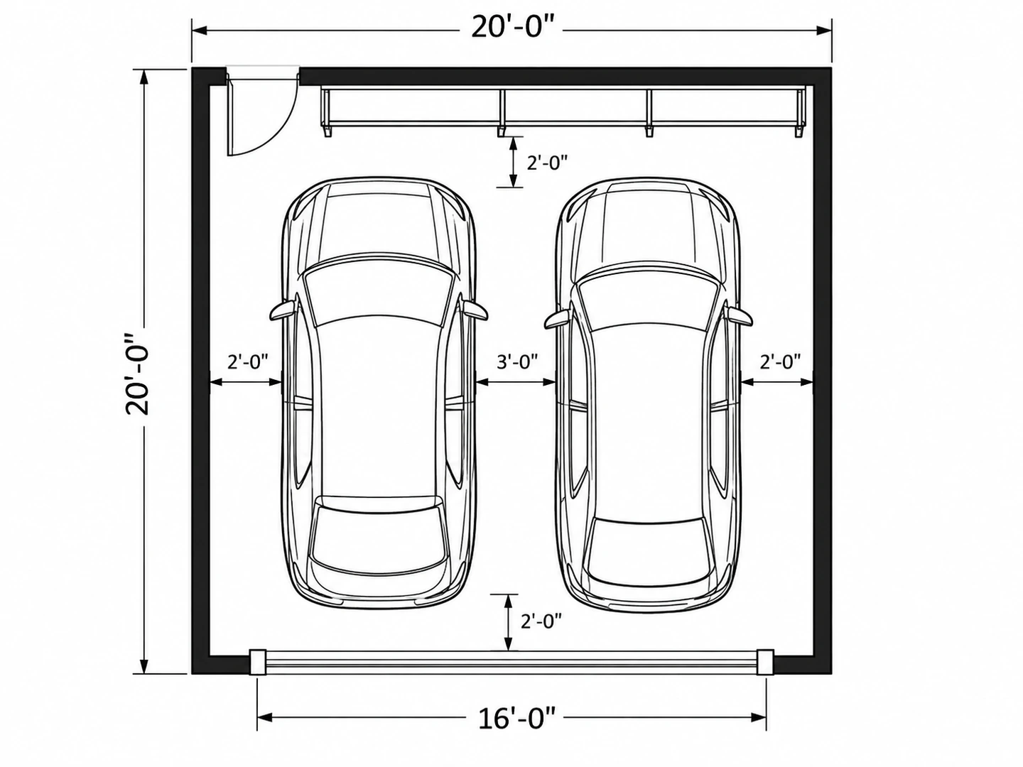Minimum 20 by 20 ft two-car garage floor plan with one 16 ft door