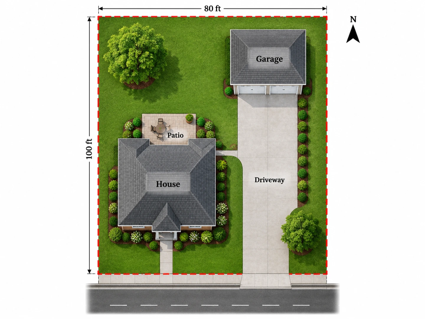 Site plan with a detached two-car garage at the back of the lot and a long driveway