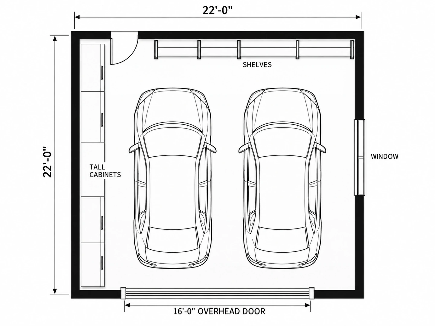 Technical 2D garage floor plan of a 22 by 22 ft two-car garage with a storage wall