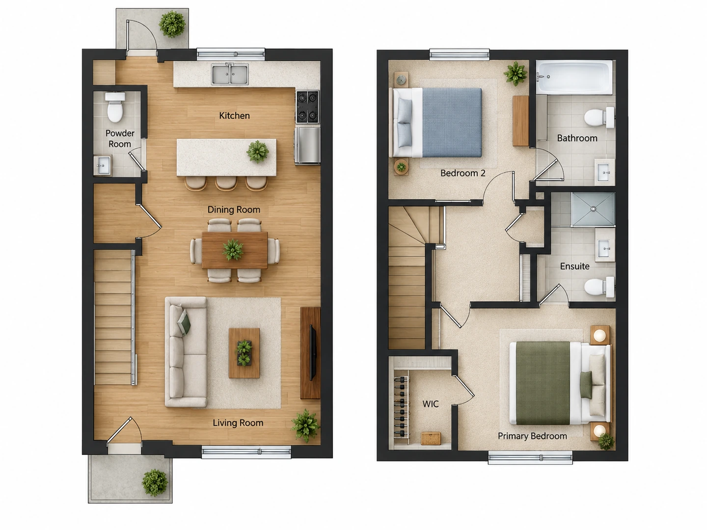 Clean AI-generated floor plan of a two-story townhouse