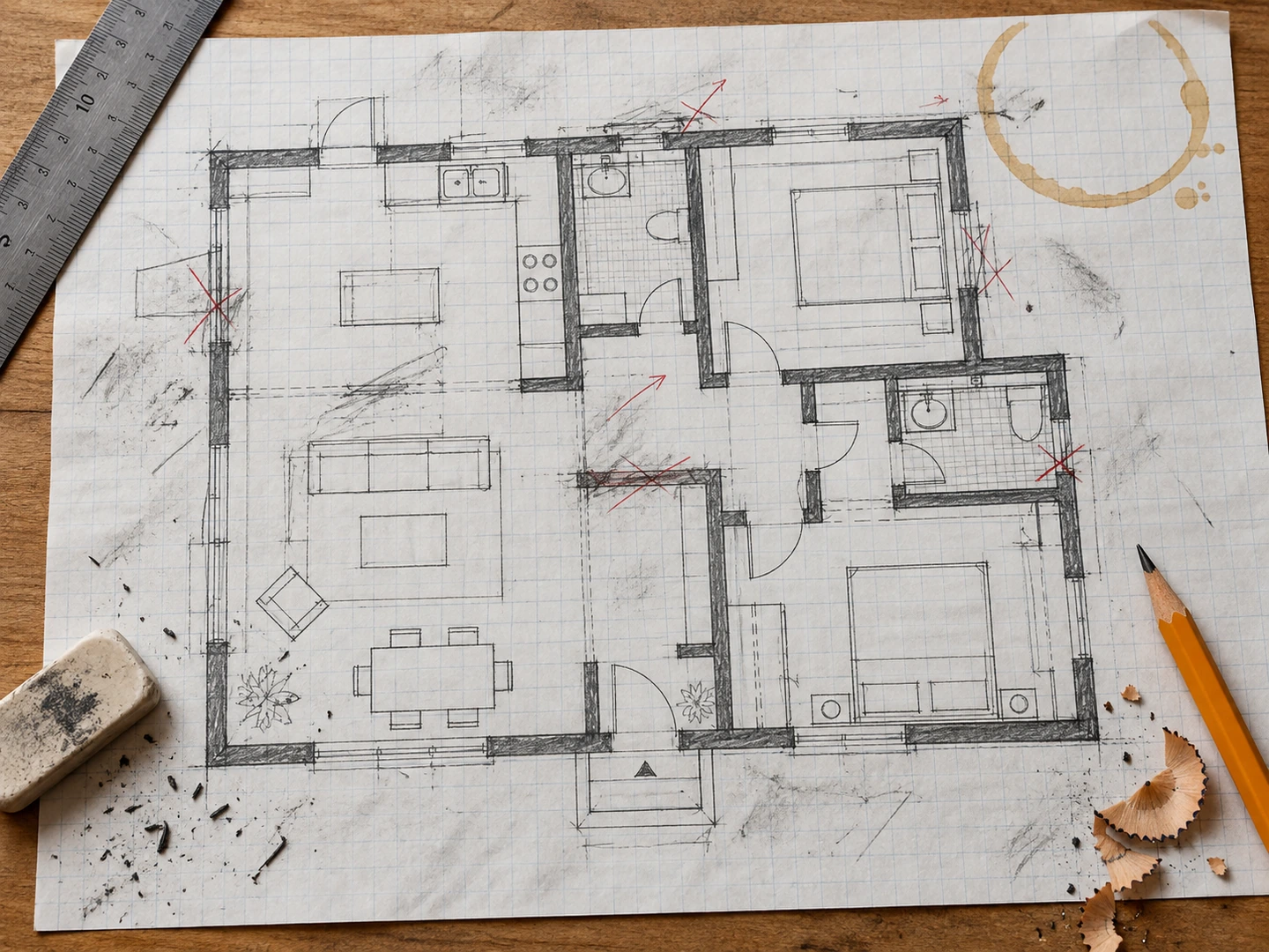 Messy hand-drawn floor plan sketch with eraser marks
