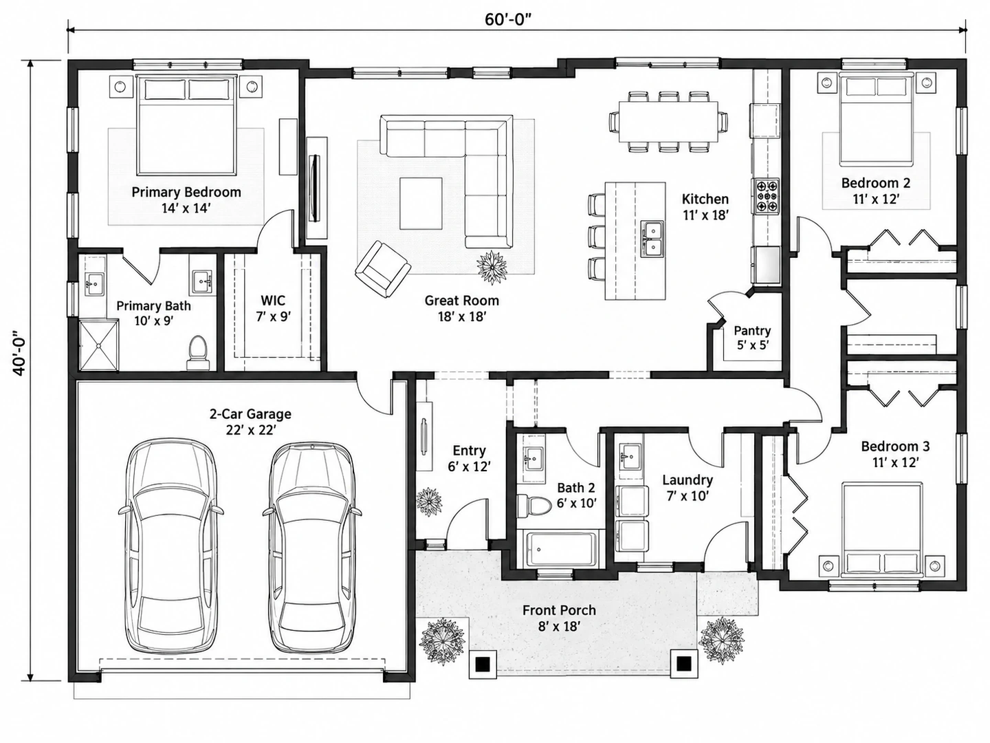 Black-and-white technical 2D floor plan of a three-bedroom house with room labels