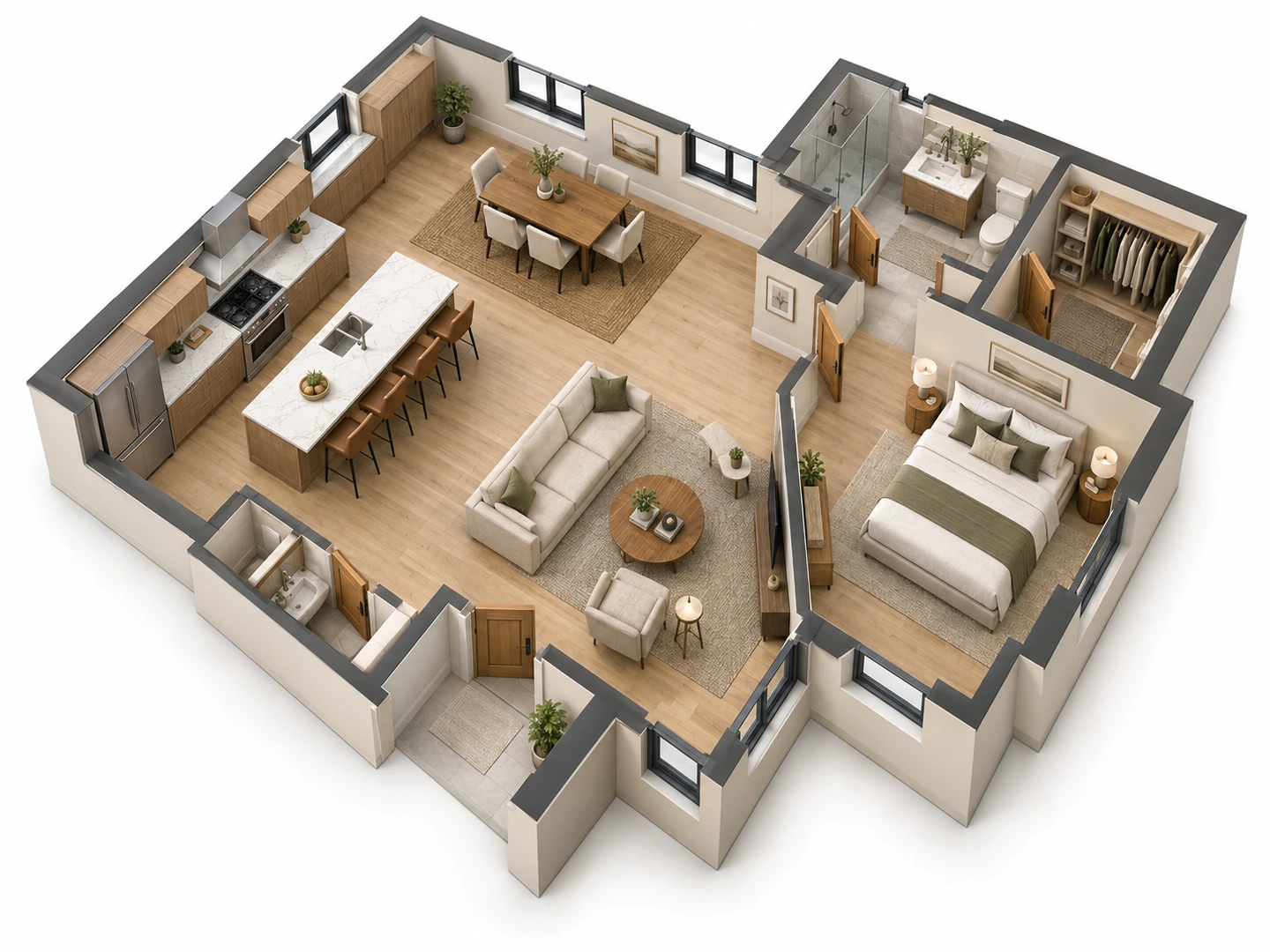 3D isometric floor plan of an open-plan home with kitchen island, dining and living areas