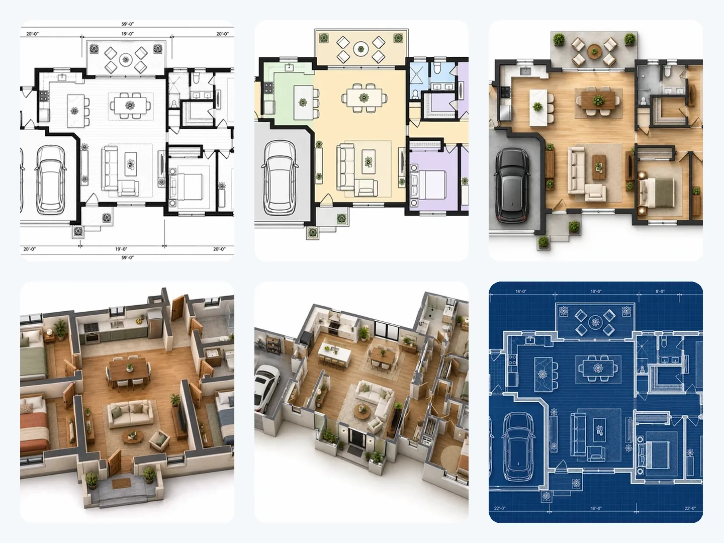 The same floor plan shown in technical, colored, furnished, 2.5D, 3D and blueprint styles