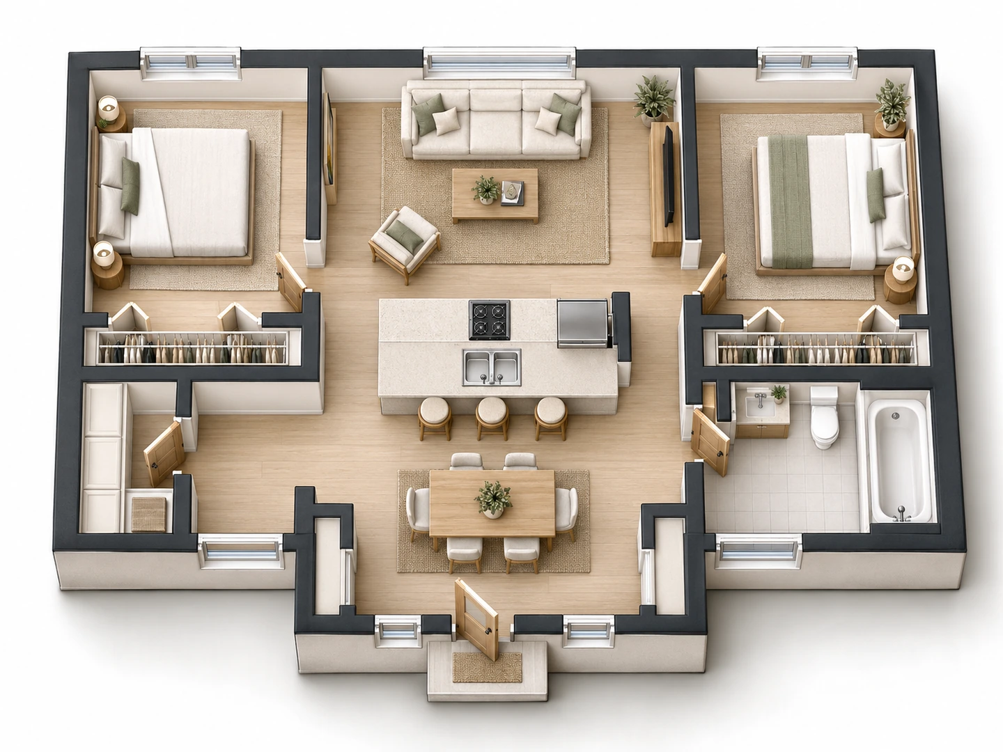 After: Two-bedroom plan in 3D