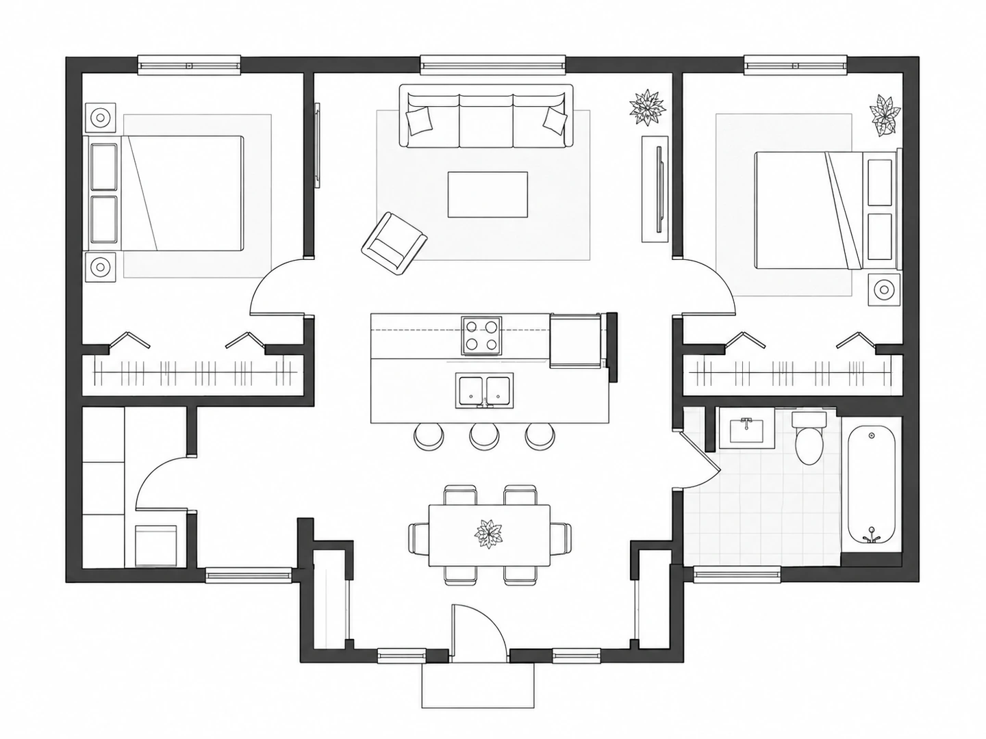 Before: Two-bedroom plan in 3D