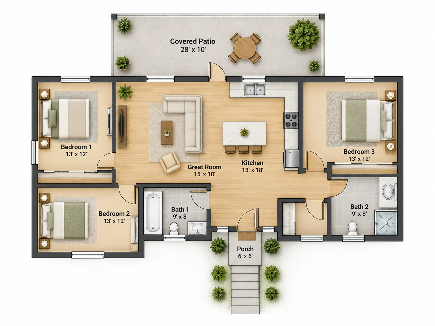 Single-story ranch: 3 bed, 2 bath, covered patio — After