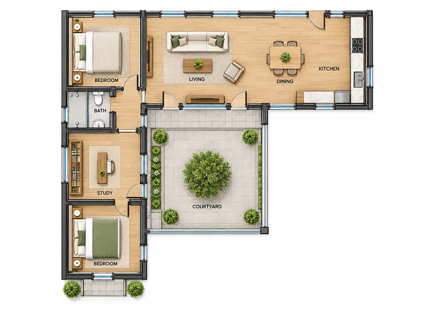 Modern single-story courtyard house — After