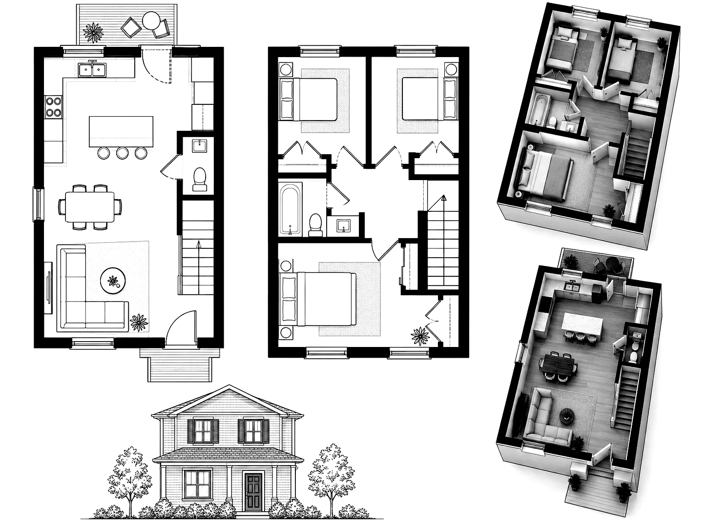 Technische plattegrond van een smalle woning met twee verdiepingen: beneden keuken met kookeiland, eethoek, zithoek en toilet, boven drie slaapkamers en een badkamer, met een vooraanzicht en twee 3D-weergaven