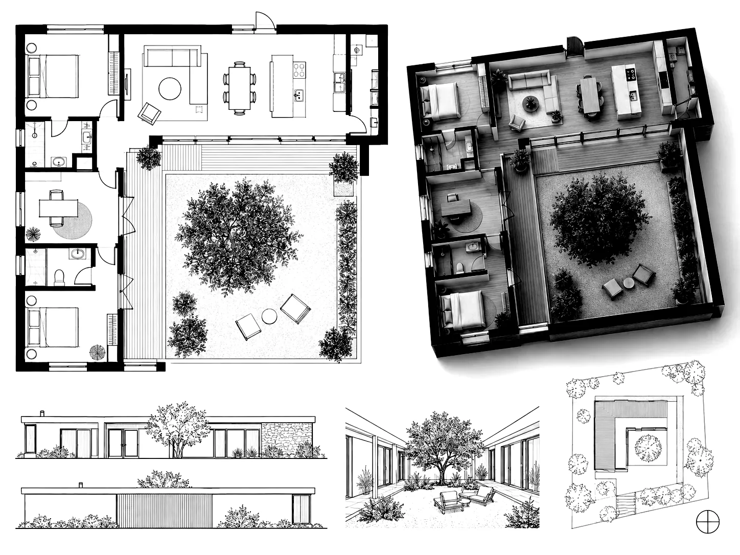 Planche d’une maison contemporaine de plain-pied en L à toit plat autour d’un patio : plan, vue 3D, façades et plan de masse