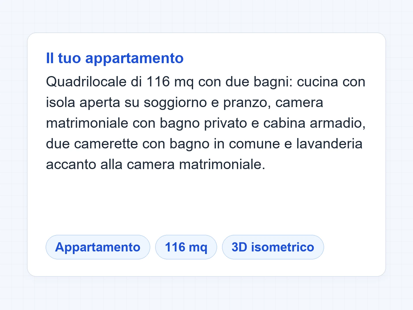 Quadrilocale di circa 116 mq in 3D isometrico, con due bagni e la lavanderia accanto alla camera matrimoniale — Prima