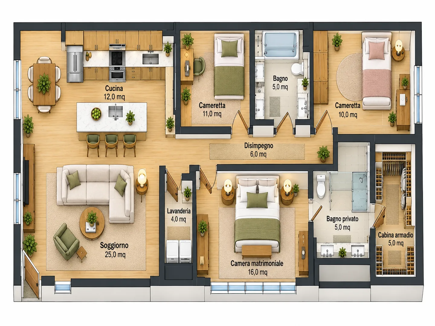 Planimetria 2D a colori di un quadrilocale con camera matrimoniale, bagno privato e cabina armadio, due camere, secondo bagno, lavanderia, zona giorno con cucina a isola e soggiorno, con la superficie di ogni stanza