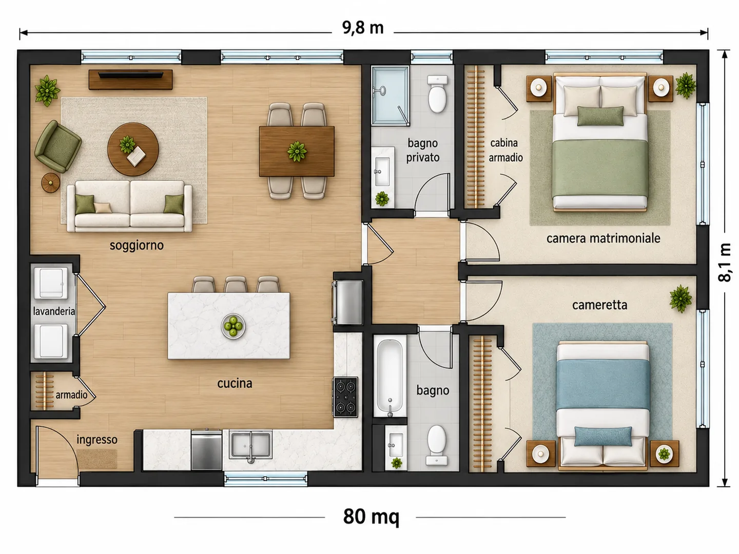 Planimetria 2D a colori di un trilocale con soggiorno aperto sulla cucina con isola, due camere con cabina armadio, due bagni, lavanderia e armadio all’ingresso