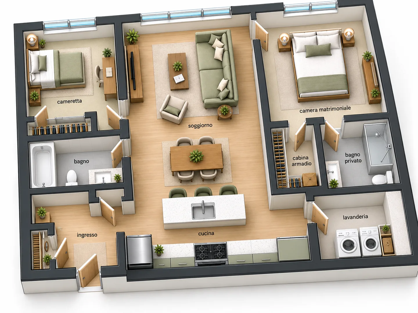 Vista 3D isometrica di un trilocale con due camere, due bagni, cabina armadio e lavanderia, con le porte aperte, le stanze arredate e i muri alzati