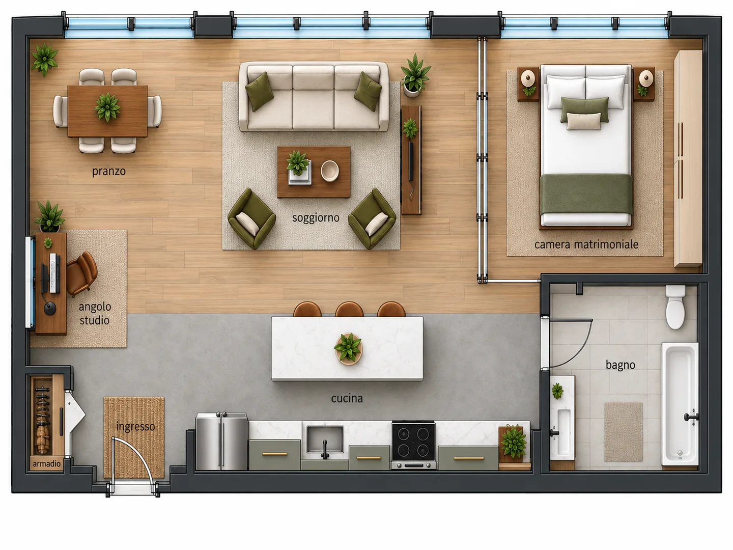Planimetria 2D arredata di un loft con zona giorno e pranzo aperte, angolo studio, isola della cucina, una camera, un bagno e un ingresso con armadio