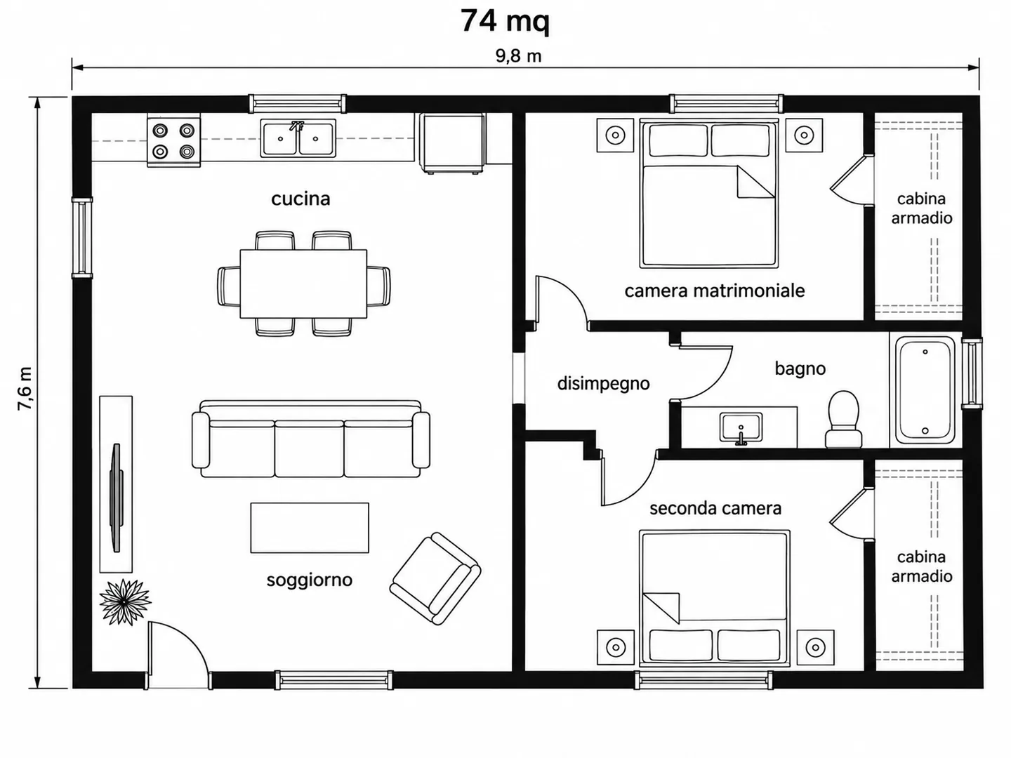 Planimetria 2D in bianco e nero di un trilocale di circa 74 mq (9,8 × 7,6 m): cucina a vista sul soggiorno con tavolo da pranzo, due camere con letto matrimoniale, bagno con vasca, disimpegno e due cabine armadio
