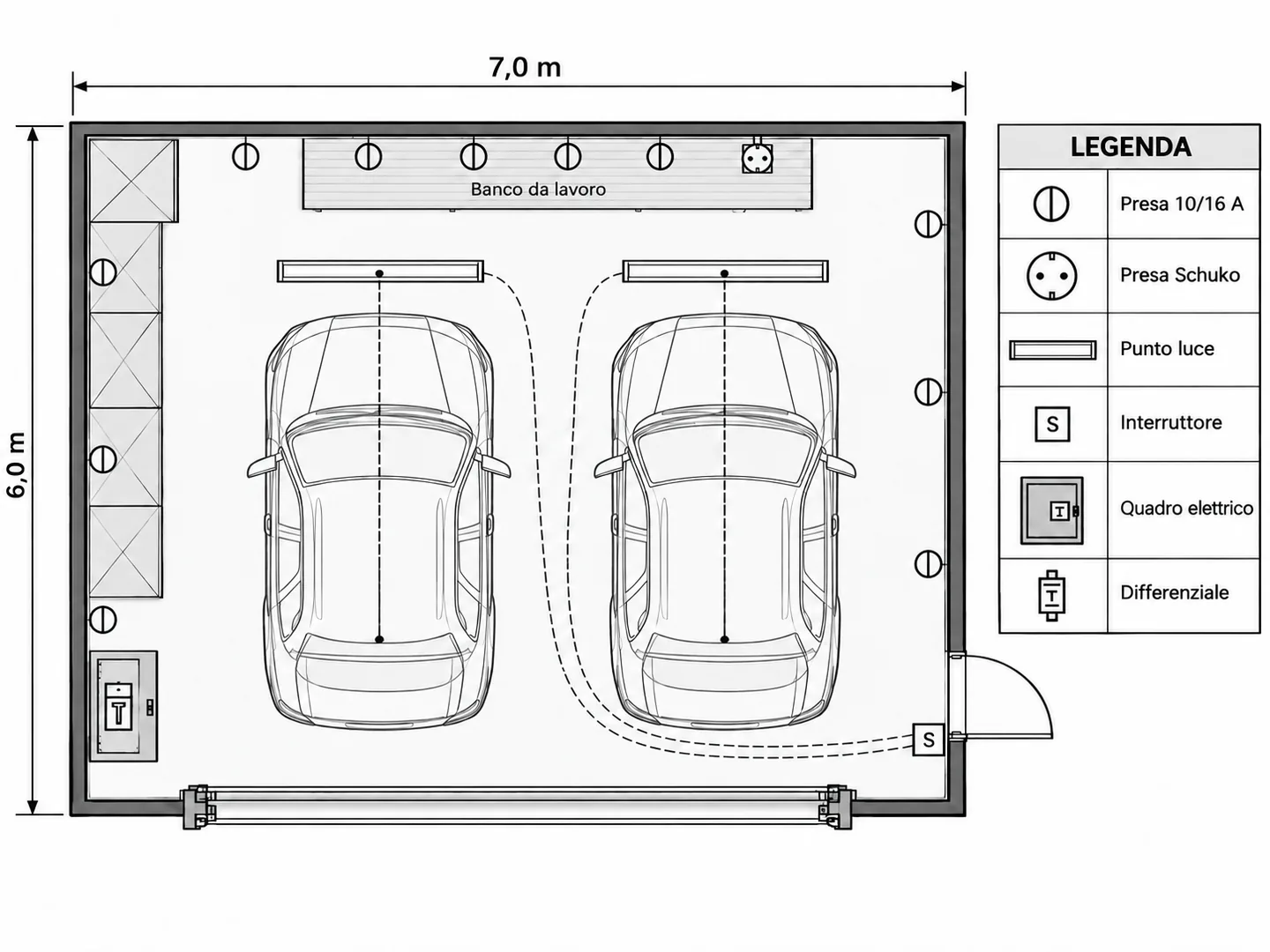 Planimetria di esempio di un garage doppio con due auto, banco da lavoro, prese 10/16 A e Schuko lungo le pareti, plafoniere a led, quadro elettrico con differenziale e legenda