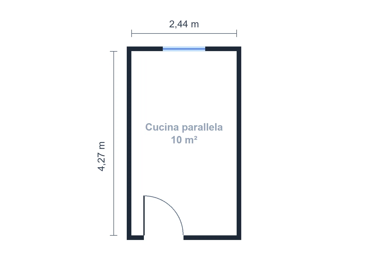 Cucina parallela di 2,4 × 4,3 m con 120 cm di passaggio tra le due file di basi — Prima