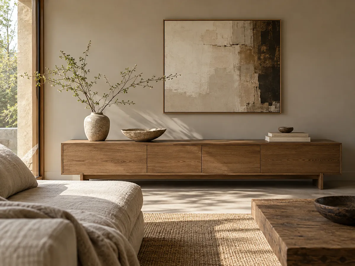 Illustrative AI concept: ceramic bowl, branch vase and books on a timber console