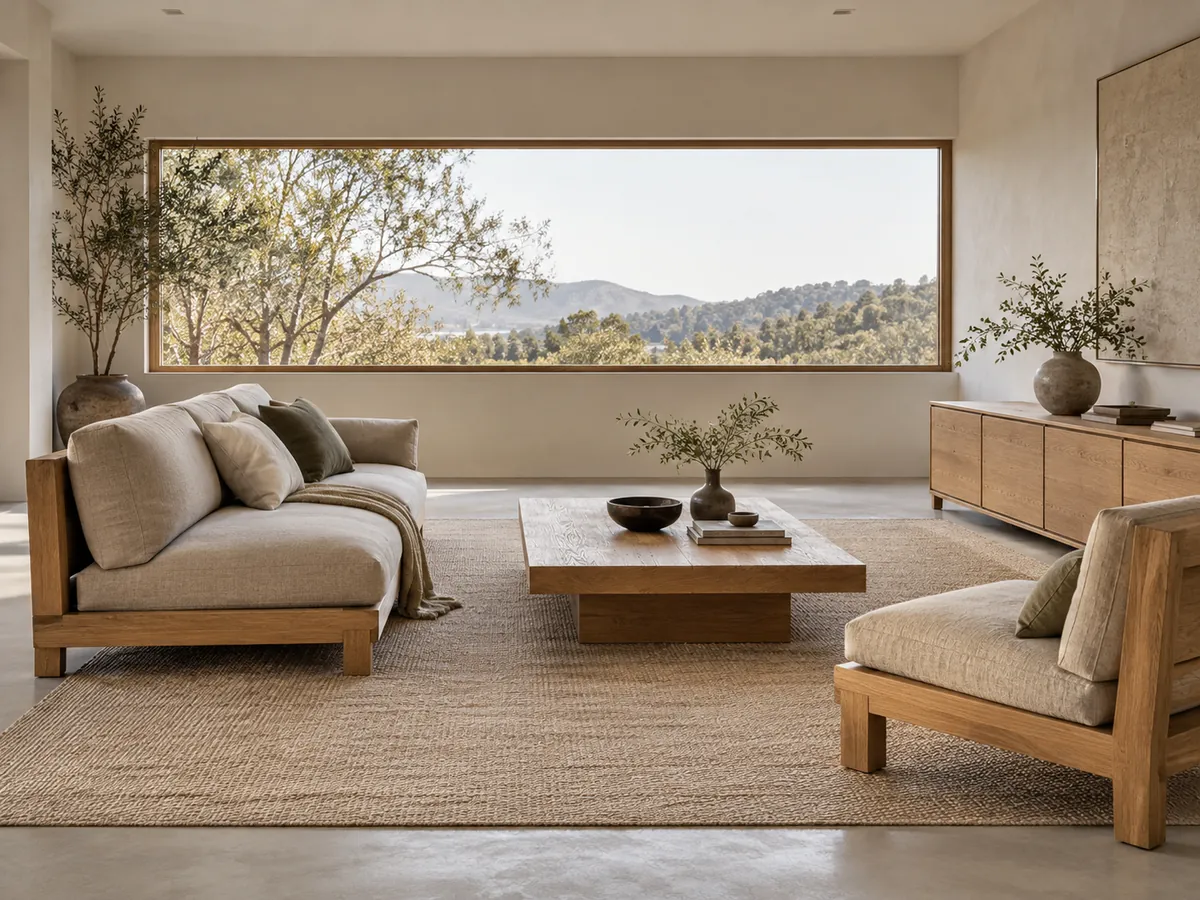 Illustrative AI concept: low timber seating and coffee table with clear space around them
