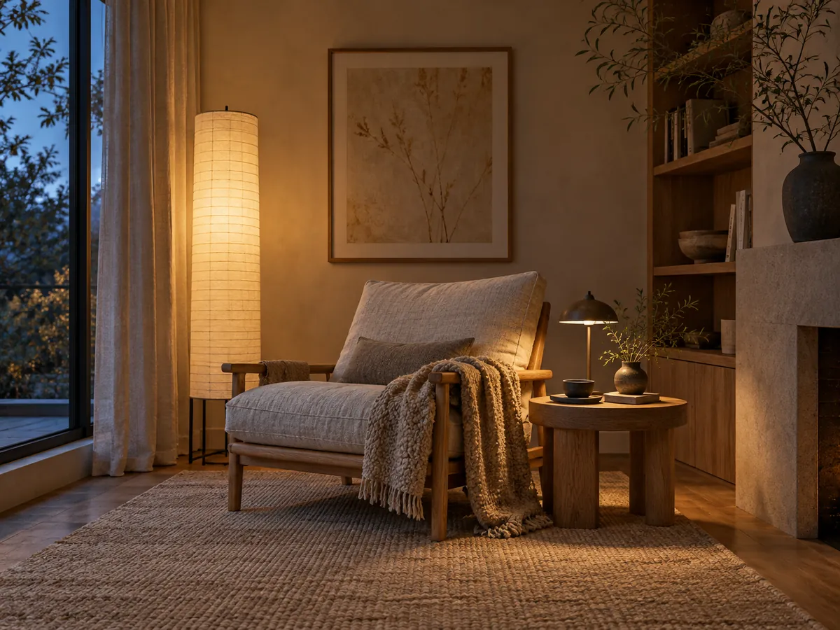 Illustrative AI concept: paper floor lamp and shaded task lamp in a warm reading corner