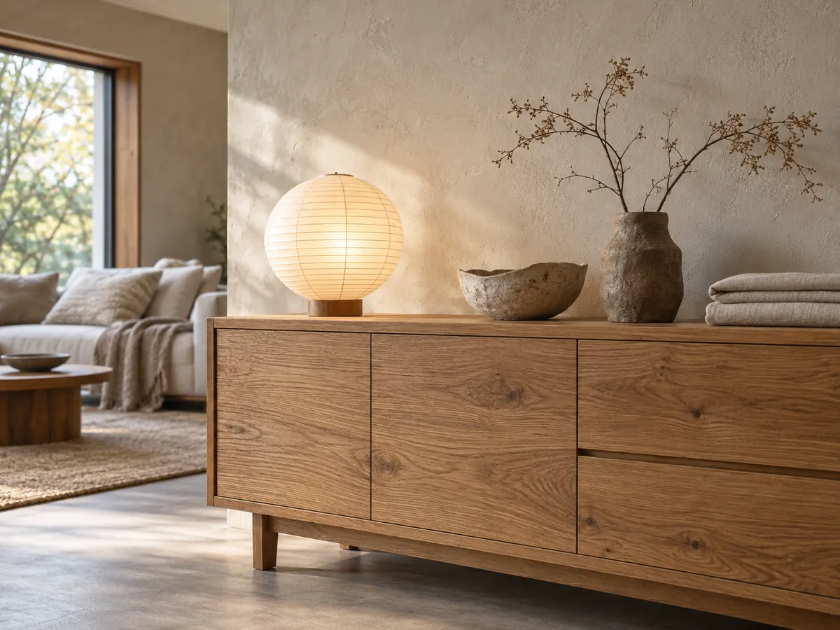 Illustrative AI concept: oak sideboard with linen, a paper lamp and handmade clay vessels